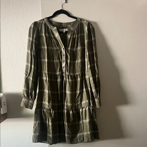 LOFT Olive Plaid Long-Sleeve Tiered Dress